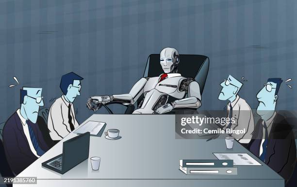 ilustraciones, imágenes clip art, dibujos animados e iconos de stock de boss robot y empleados en la sala de reuniones - director ejecutivo de empresa