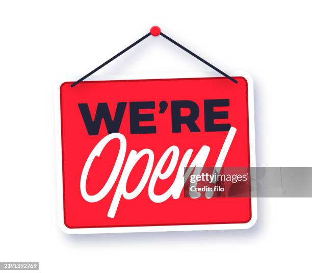 stockillustraties, clipart, cartoons en iconen met we're open hanging business sign - openingsevenement