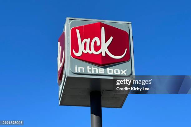 Jack in the Box drive thru fast food restaurant logo sign on November 15, 2022 in Los Angeles, California.