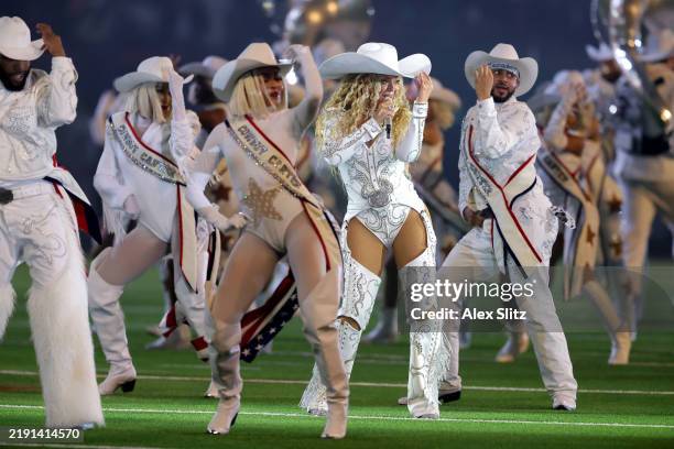 Beyoncé performs during the halftime show for the game between the Baltimore Ravens and the Houston Texans at NRG Stadium on December 25, 2024 in...