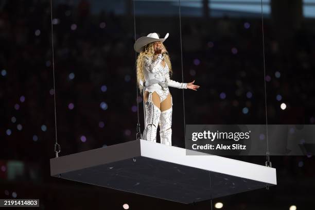 Beyoncé performs during the halftime show for the game between the Baltimore Ravens and the Houston Texans at NRG Stadium on December 25, 2024 in...