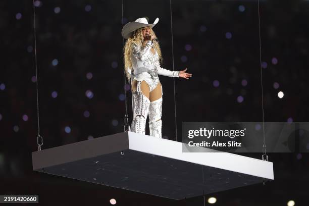 Beyoncé performs during the halftime show for the game between the Baltimore Ravens and the Houston Texans at NRG Stadium on December 25, 2024 in...