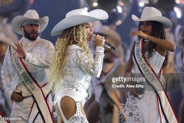 Beyoncé performs with daughter, Blue Ivy, during the halftime show for the game between the Baltimore Ravens and the Houston Texans at NRG Stadium on...