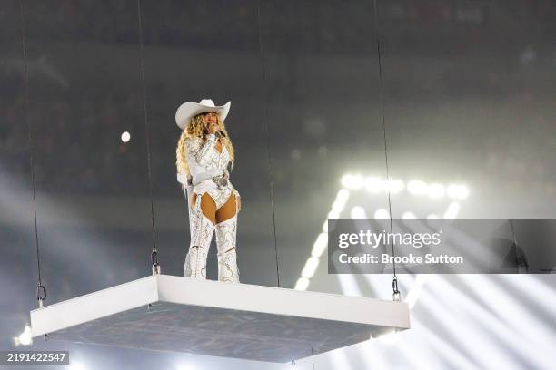 Beyoncé performs at halftime during an NFL football game between the Baltimore Ravens and the Houston Texans, at NRG Stadium on December 25, 2024 in...