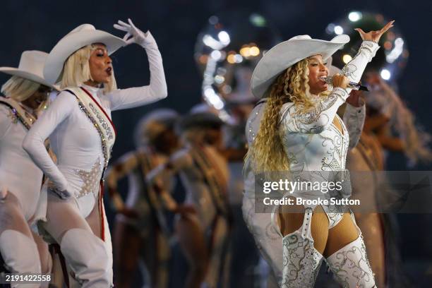 Beyoncé performs at halftime during an NFL football game between the Baltimore Ravens and the Houston Texans, at NRG Stadium on December 25, 2024 in...