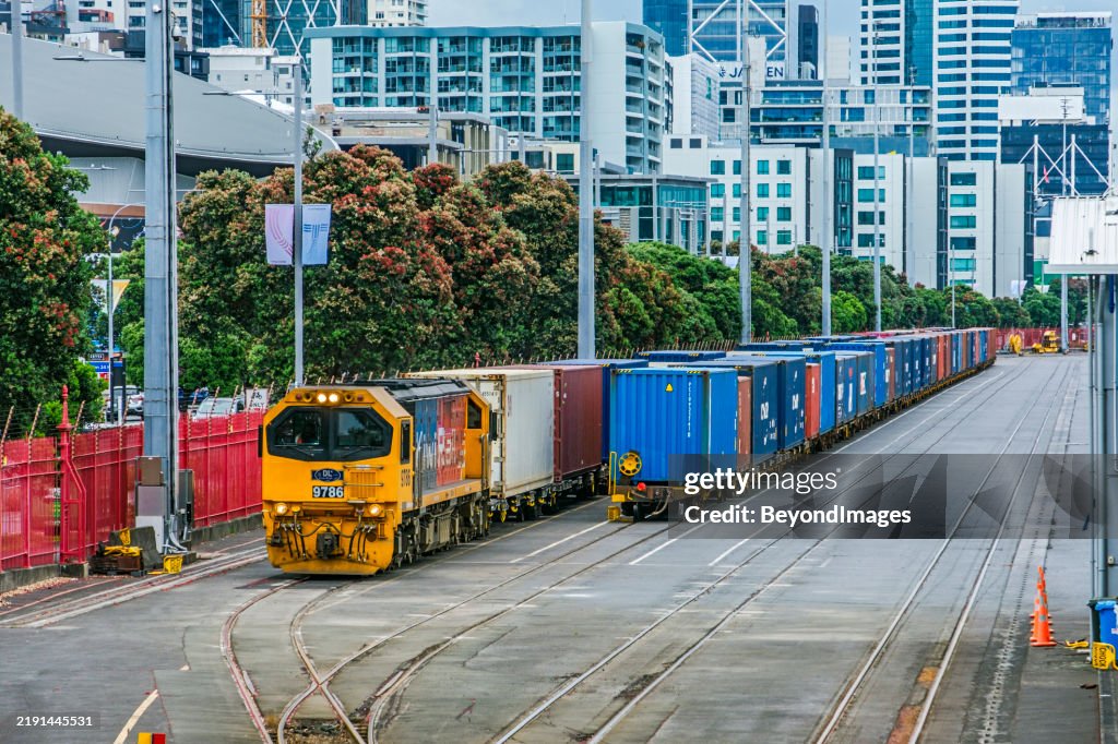 KiwiRail Freight Train with Auckland City Backdrop