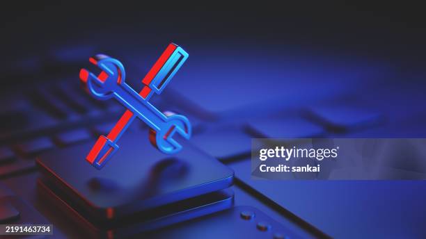 tools 3d icon with red highlight on an abstract cpu and motherboard - gereedschap stockfoto's en -beelden