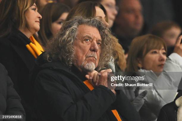 Former Led Zeppelin vocalist Robert Plant, now a Director of Wolverhampton Wanderers, looks on during the Premier League match between Wolverhampton...