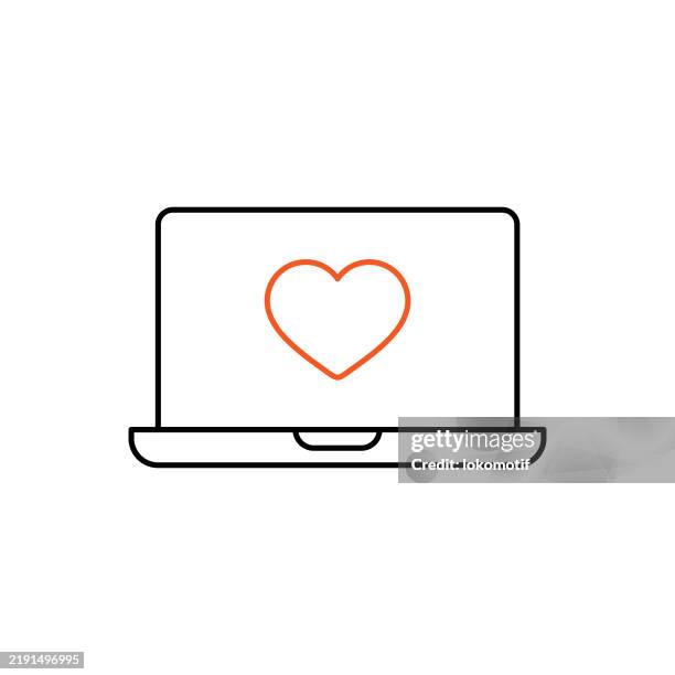 online dating two color line icon with editable stroke. the icon is suitable for web design, mobile apps, ui, ux, and gui design. - couple using computer stock illustrations