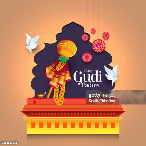 happy ugadi / gudi padwa indian holiday, traditional festival background. - gudi padwa stock illustrations