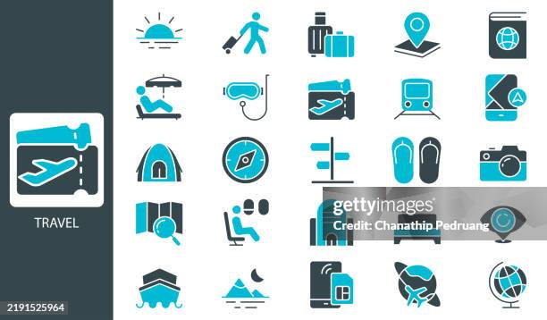 reise-set. solide icon-sammlung. vektor-illustration. stock illustration symbol symbol, flugzeug, flugzeug ticket, strand - schnorchel stock-grafiken, -clipart, -cartoons und -symbole