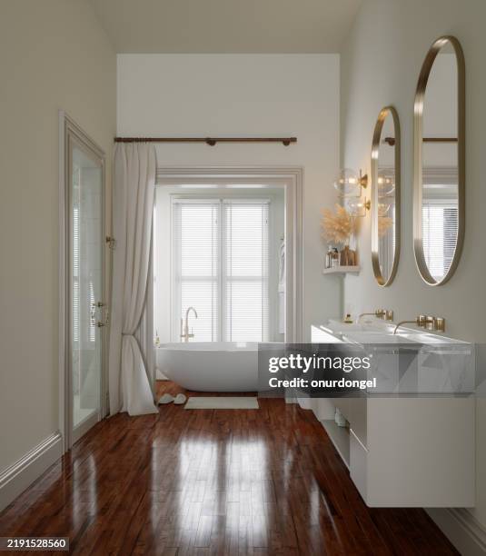 wabi sabi bathroom with bathtub, mirrors, marble sink and parquet floor - traditional bathroom stock pictures, royalty-free photos & images