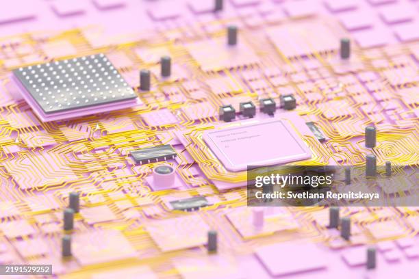close-up of a pink and gold circuit board with a focus on neural networks and artificial intelligence - quantum computing stock pictures, royalty-free photos & images