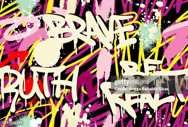 graffiti abstract art seamless pattern with funky typography, colorful scribble and spray paint splatters - spray paint font stock illustrations