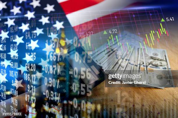usa flag, cash dollar bills, calculator and stock market indicators - economic chart - stock market crash stock pictures, royalty-free photos & images