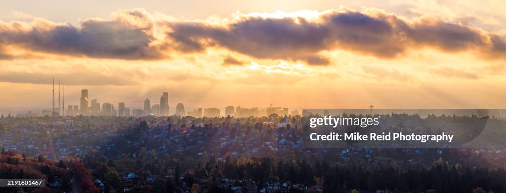 Aerial Seattle Downtown and Capitol Hill Sunrays