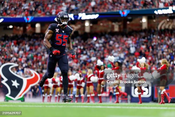 Defensive end Danielle Hunter of the Houston Texans enters the field during player introductions prior to an NFL football game against the Baltimore...