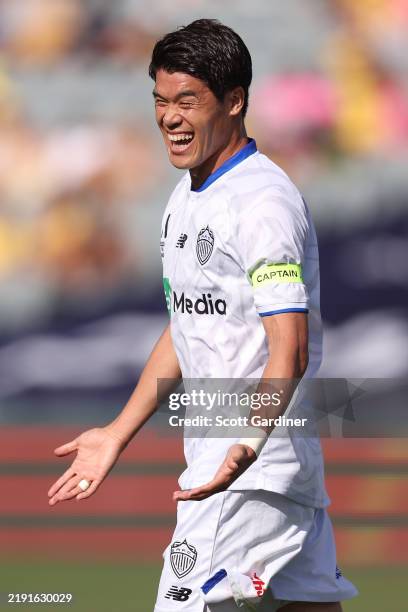 Hiroki Sakai of Auckland FC celebrates a goal during the round 10 A-League Men match between Central Coast Mariners and Auckland FC at Industree...