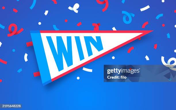 win celebration pennant flag confetti party background - congratulations blue background stock illustrations