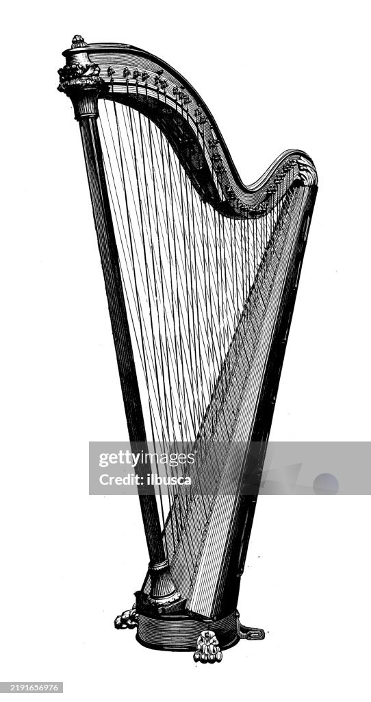 Antique image from French magazine, harp