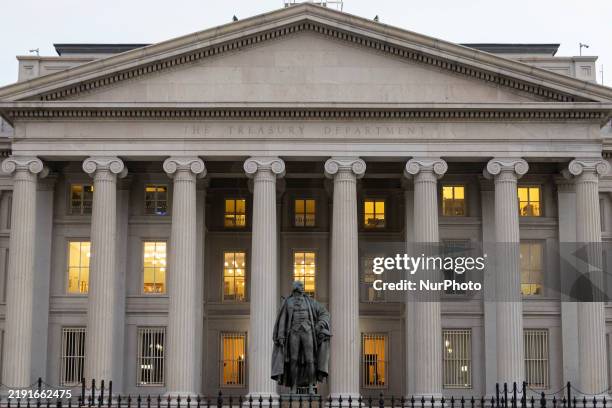 The Treasury Building in Washington, D.C. A National Historic Landmark building which is the headquarters of the United States of America Department...