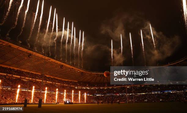 Fireworks are pictured ahead of the Gallagher Premiership Rugby Big Game 16 match between Harlequins and Leicester Tigers at Twickenham Stoop on...