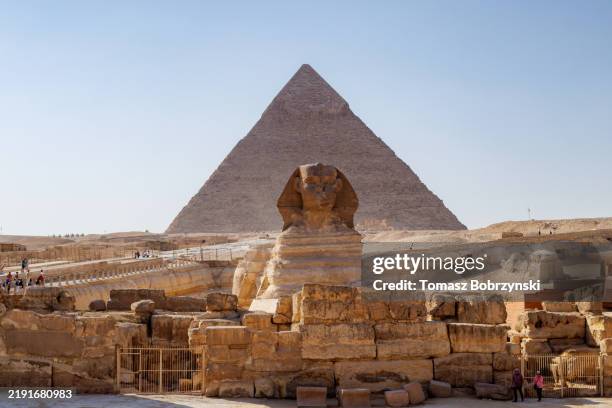 the great sphinx and the pyramid of khafre - esfinge fotografías e imágenes de stock