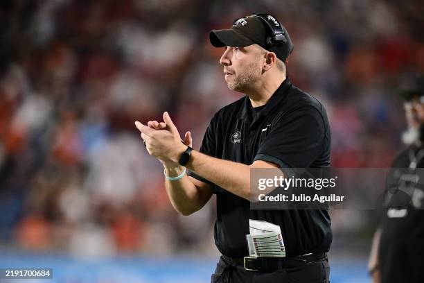 Head coach Matt Campbell of the Iowa State Cyclones reacts in the fourth quarter against the Miami Hurricanes during the 2024 Pop-Tarts Bowl at...