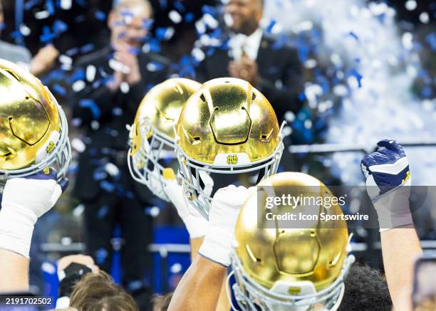 Notre Dame Fighting Irish players celebrate after the Notre Dame Fighting Irish versus the Georgia Bulldogs College Football Playoff Quarterfinal at...