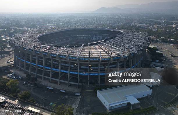 Aerial view of the remodeling works at the Azteca stadium in Mexico City on January 3, 2025. The Azteca stadium is being renovated to host the...