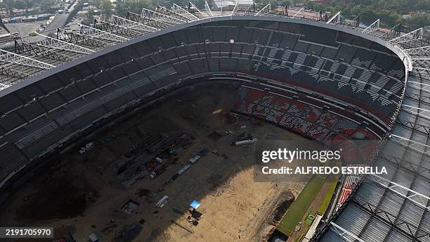 Aerial view of the remodeling works at the Azteca stadium in Mexico City on January 3, 2025. The Azteca stadium is being renovated to host the...