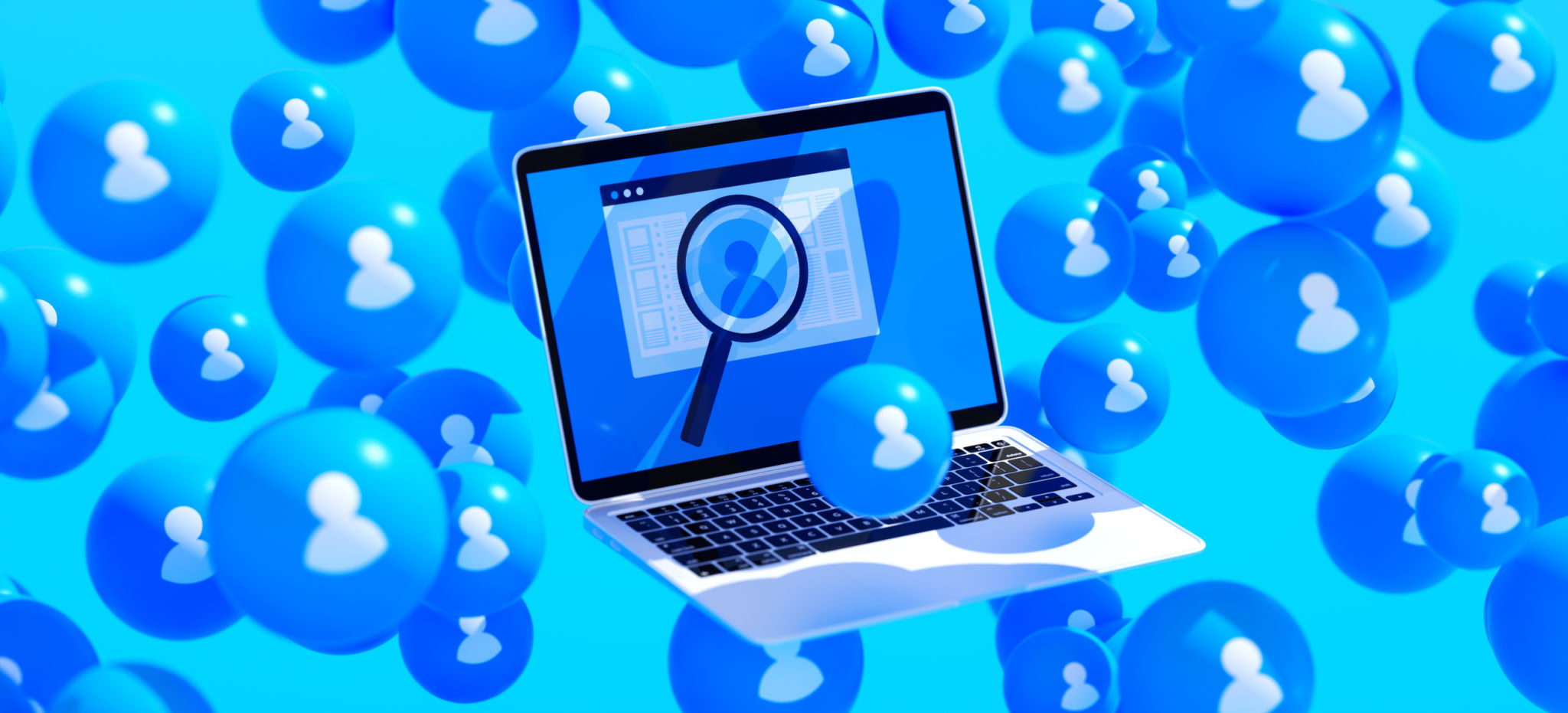 Laptop with a magnifying glass, user profile icons, and blue spheres; floating objects on a vibrant blue background. Digital search concept with a modern tech aesthetic, clean design, and glossy surfaces. 3D render. Laptop with a magnifying glass, user profile icons, and blue spheres; floating objects on a vibrant blue background. Digital search concept with a modern tech aesthetic, clean design, and glossy surfaces. 3D render.