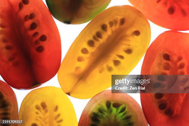 multicolored small tomatoes, halved with backlighting - tomate cerise photos et images de collection
