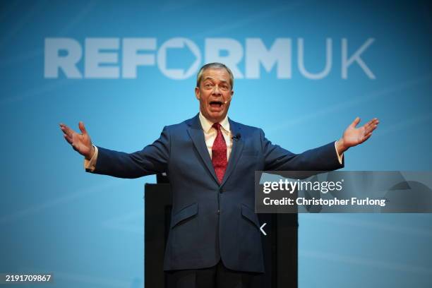 Reform UK leader Nigel Farage speaks on stage during the Reform UK East Midlands Conference at the Athena Events Venue on January 3, 2025 in...