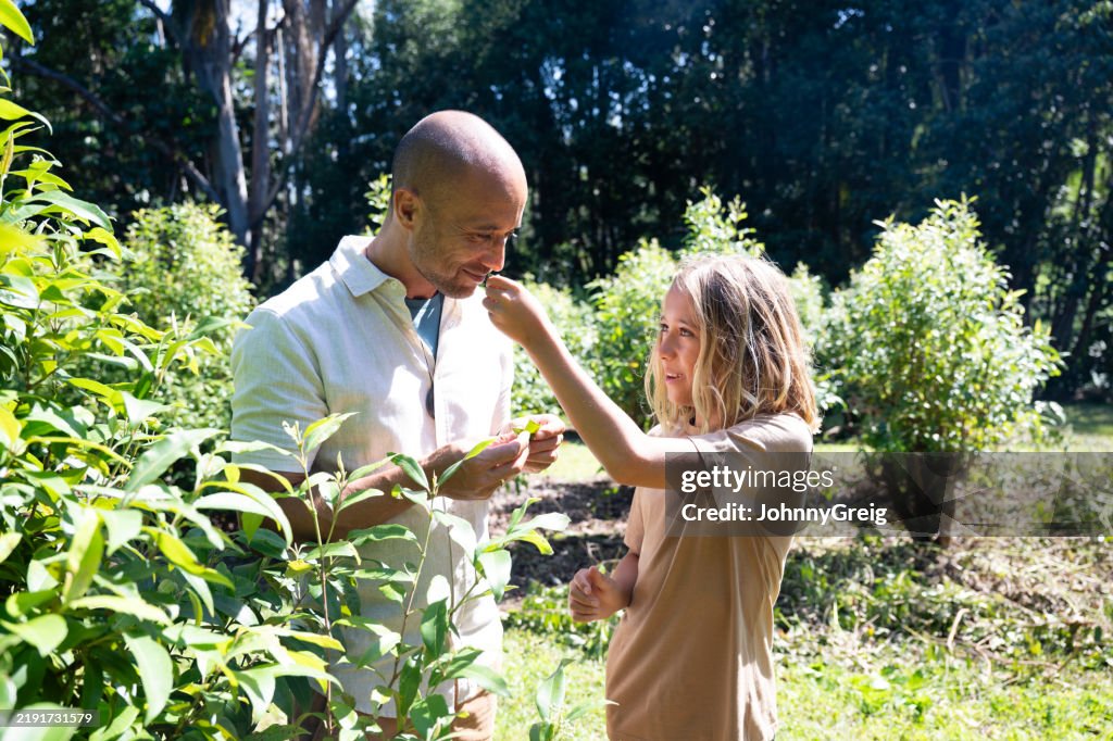 Father and son experiencing Lemon Scented Myrtle in nature