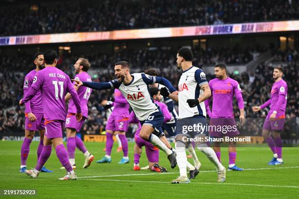 Rodrigo Bentancur of Tottenham Hotspur celebrates scoring his team's first goal during the Premier League match between Tottenham Hotspur FC and...