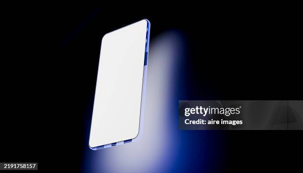 modern smartphone floating in dark space with blank screen - levitation stock-fotos und bilder