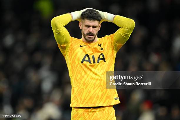 Fraser Forster of Tottenham Hotspur reacts during the Premier League match between Tottenham Hotspur FC and Wolverhampton Wanderers FC at Tottenham...