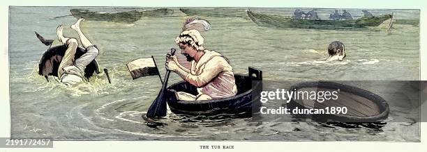 aquactic fete at berwick, harbour tub race victorian 19th century vintage illustration 1880s - swimming gala stock illustrations