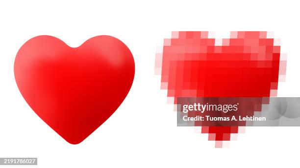 one smooth and curvy red heart and one pixelated red heart on white. - heart shape stock pictures, royalty-free photos & images