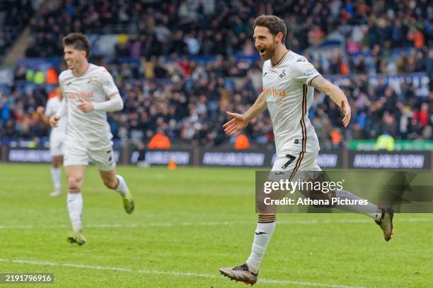 Joe Allen of Swansea City celebrates his goal during the Sky Bet Championship match between Swansea City and West Bromwich Albion FC at the...