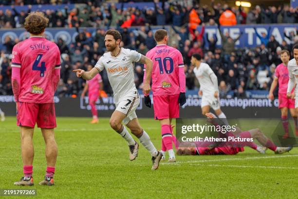 Joe Allen of Swansea City celebrates his goal during the Sky Bet Championship match between Swansea City and West Bromwich Albion FC at the...