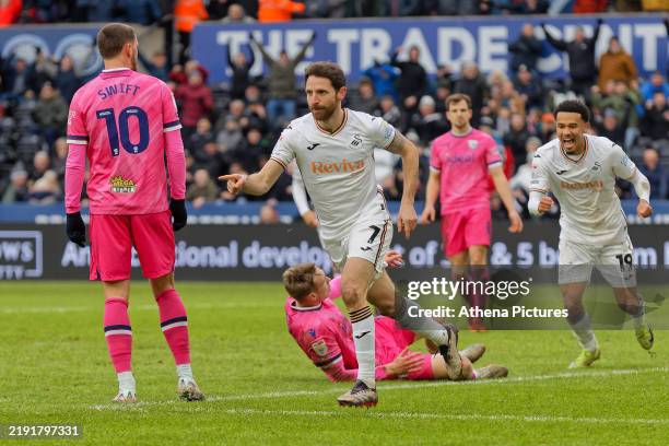 Joe Allen of Swansea City celebrates his goal during the Sky Bet Championship match between Swansea City and West Bromwich Albion FC at the...