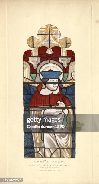 stained glass window, winchester cathedral, showing king henry vii, east window of choir, art, vintage illustration - winchester cathedral stock illustrations