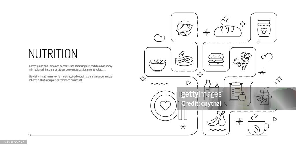Nutrition Line Icon Set. Meat, Fish, Vegetables, Fruits, Carbohydrates, Drink.