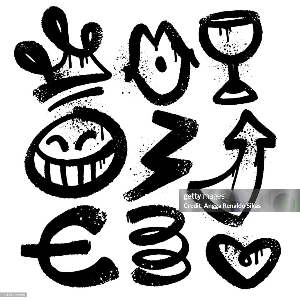 Crown, kissing lips, emoji, arrow, spring, heart shape and more. Black and white graffiti icon set isolated on white