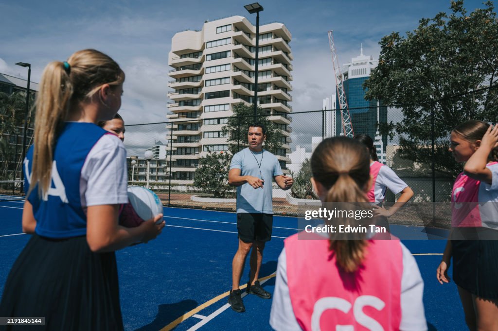 Australian Coach pep talk before the friendly match netball competition practice