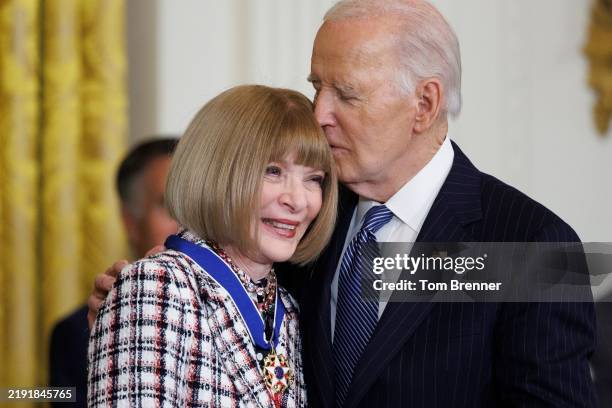 Anna Wintour, Editor-in-Chief of Vogue, receives the Presidential Medal of Freedom by U.S. President Joe Biden in the East Room of the White House on...