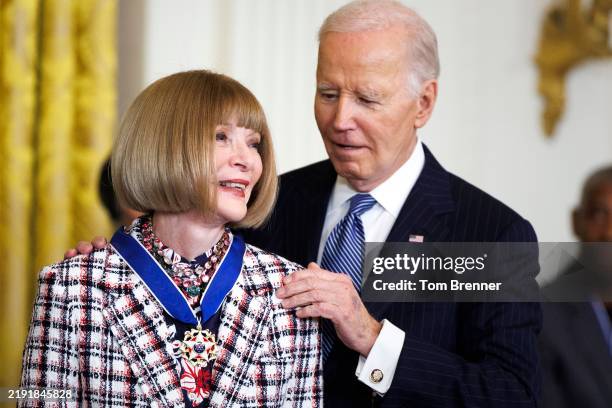 Anna Wintour, Editor-in-Chief of Vogue, receives the Presidential Medal of Freedom by U.S. President Joe Biden in the East Room of the White House on...