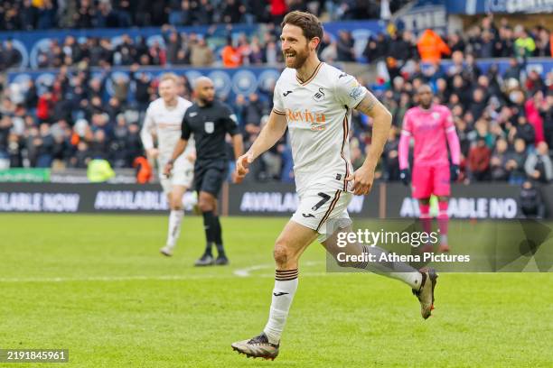 Joe Allen of Swansea City celebrates his goal during the Sky Bet Championship match between Swansea City and West Bromwich Albion FC at the...